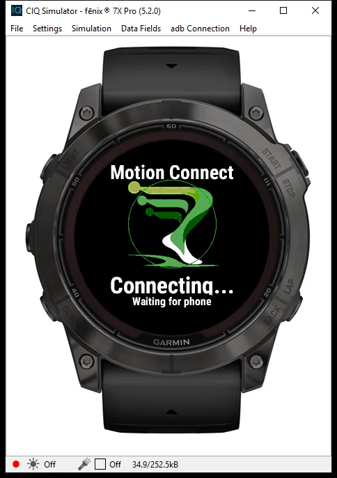 Garmin simulator showing Motion Connect with the status Connecting