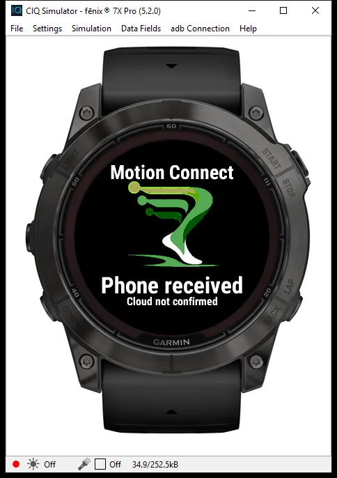 Garmin simulator showing Motion Connect with Phone received and Cloud not confirmed